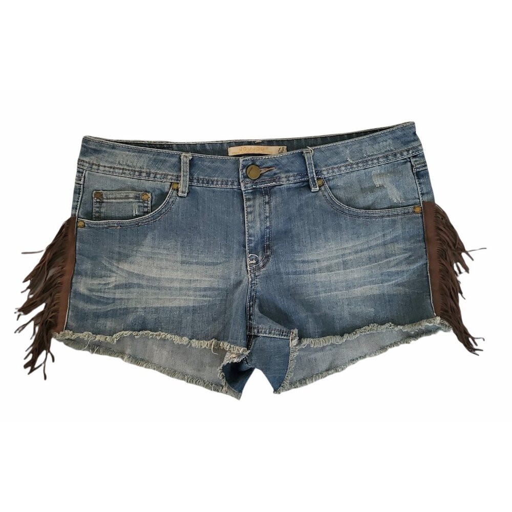 Joujou Women's Faux Suede Side Fringe Raw Hem Cowgirl Jean Denim Shorts Size 13 - Picture 2 of 11